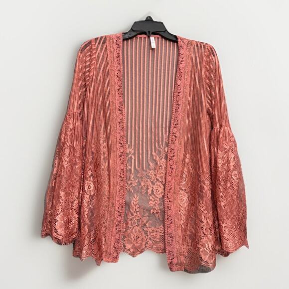 Xhilaration Women's Mauve Pink Lace Open Front Stripe Floral Cardigan Size XS - Picture 2 of 9